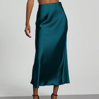 European American style satin midi skirt by Mandotos International, shown in a sleek, elegant design with a smooth satin finish.