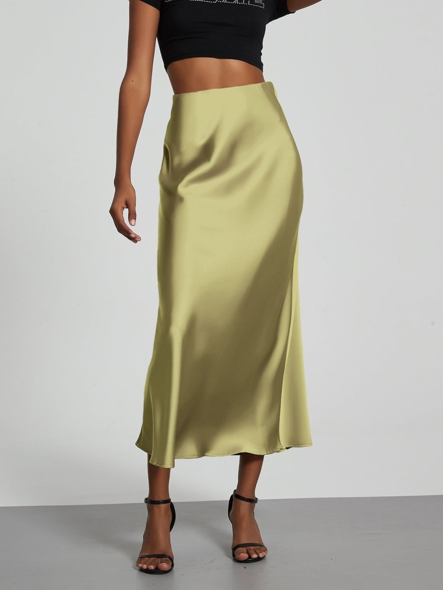European American style satin midi skirt by Mandotos International, showcasing smooth fabric and elegant design.