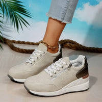Mandotos International fashionable lace-up sneakers with zipper detail and medium heel height, stylish and comfortable footwear.