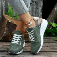 Fashionable lace-up sneakers with zipper detail and medium heel height by MANDOTOS INTERNATIONAL, showing stylish design and comfortable fit.