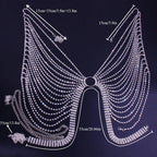 Geometric bikini chest chain by MANDOTOS INTERNATIONAL with crystal and rhinestone accents, featuring intricate metal design.