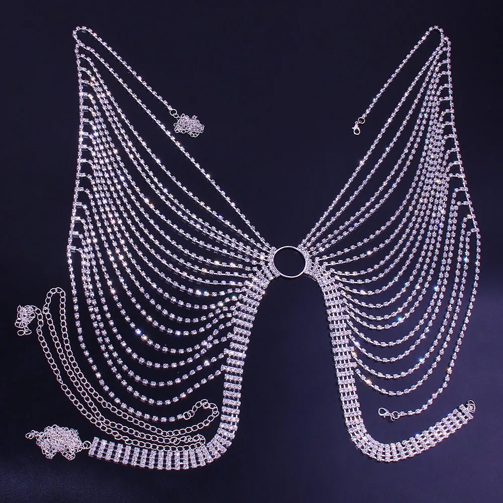 Mandotos International geometric bikini chest chain with crystal and rhinestone accents, featuring intricate metalwork and sparkling details.