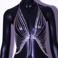 Geometric bikini chest chain with crystal and rhinestone accents from MANDOTOS INTERNATIONAL, featuring a stylish, decorative jewelry piece.