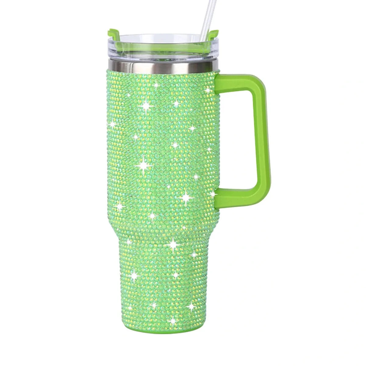 Mandotos International 40oz glitter-coated stainless steel tumbler with diamond design, showcasing its shiny, textured surface and durable build.