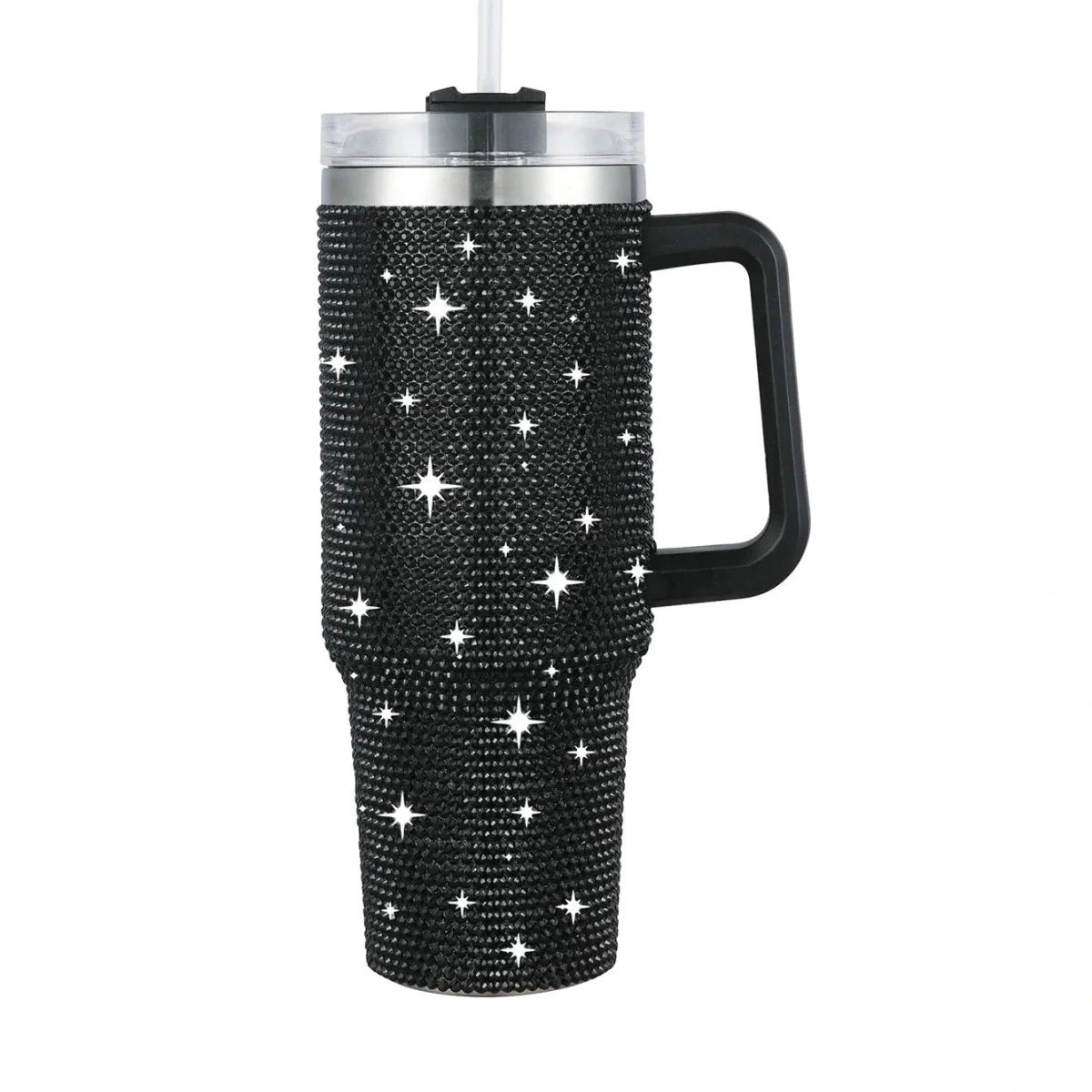 40oz glitter-coated stainless steel tumbler with diamond design by MANDOTOS INTERNATIONAL, featuring a shiny, textured surface.