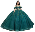 Dark green Glitz Sparkle Quinceanera gown by MANDOTOS INTERNATIONAL with shimmering embellishments and elegant flowing fabric.