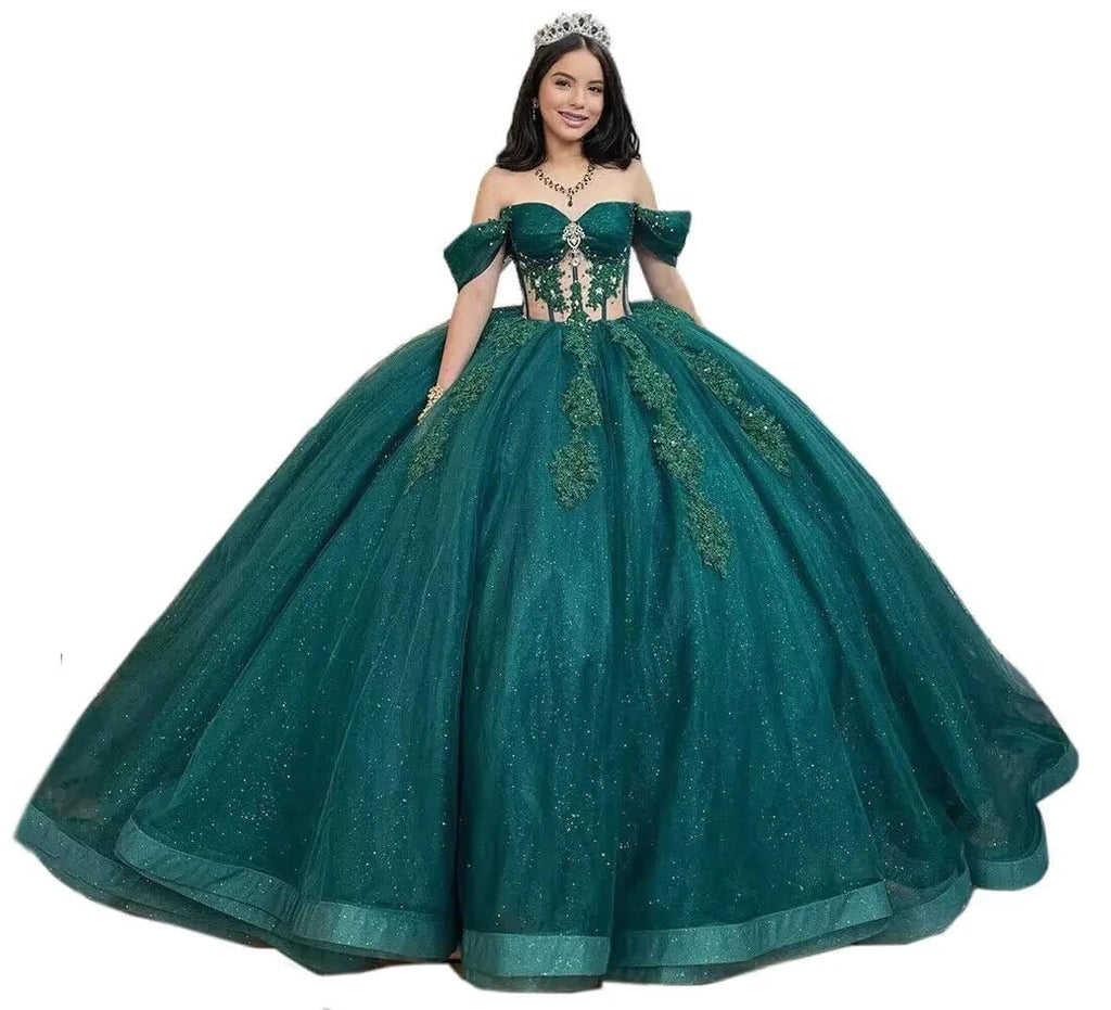 Dark green Glitz Sparkle Quinceanera gown by MANDOTOS INTERNATIONAL featuring shimmering embellishments and elegant design.