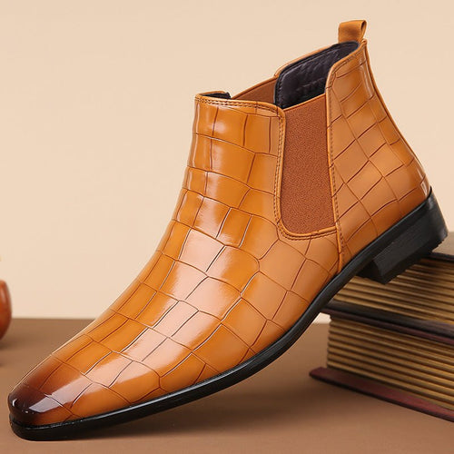 Glossy black high-top men's Chelsea boots in size 48 by Mandotos International, featuring a sleek, polished finish.