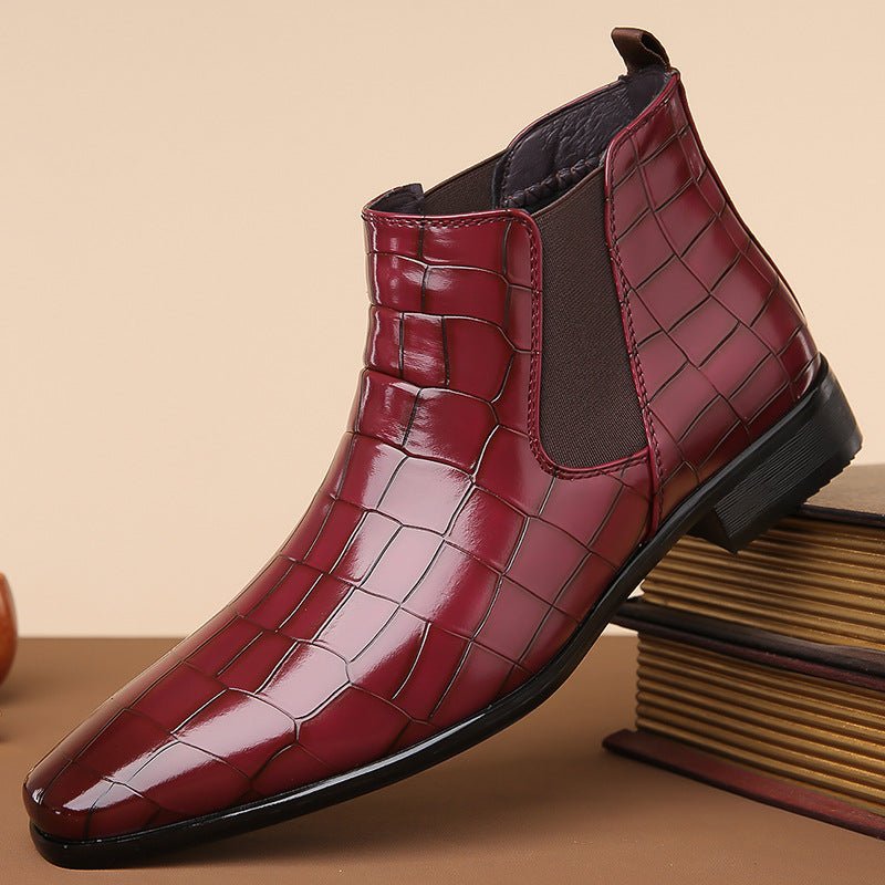 Glossy black high-top men's Chelsea boots in size 48 by MANDOTOS INTERNATIONAL, featuring smooth leather finish and elastic side panels.