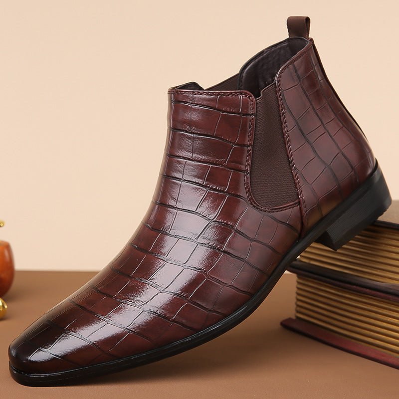 Glossy high-top men's Chelsea boots in size 48 by MANDOTOS INTERNATIONAL, showcasing sleek leather design and stylish silhouette.