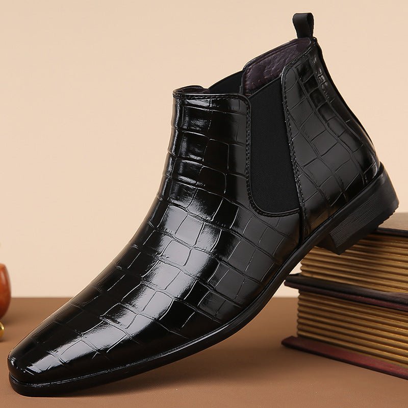 Glossy black high-top men's Chelsea boots by MANDOTOS INTERNATIONAL in size 48, featuring sleek leather and elastic side panels.
