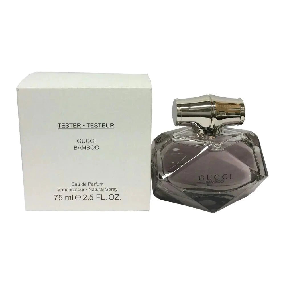 Gucci Bamboo Eau De Parfum 2.5oz tester bottle with clear packaging and spray nozzle, displayed on a plain background.