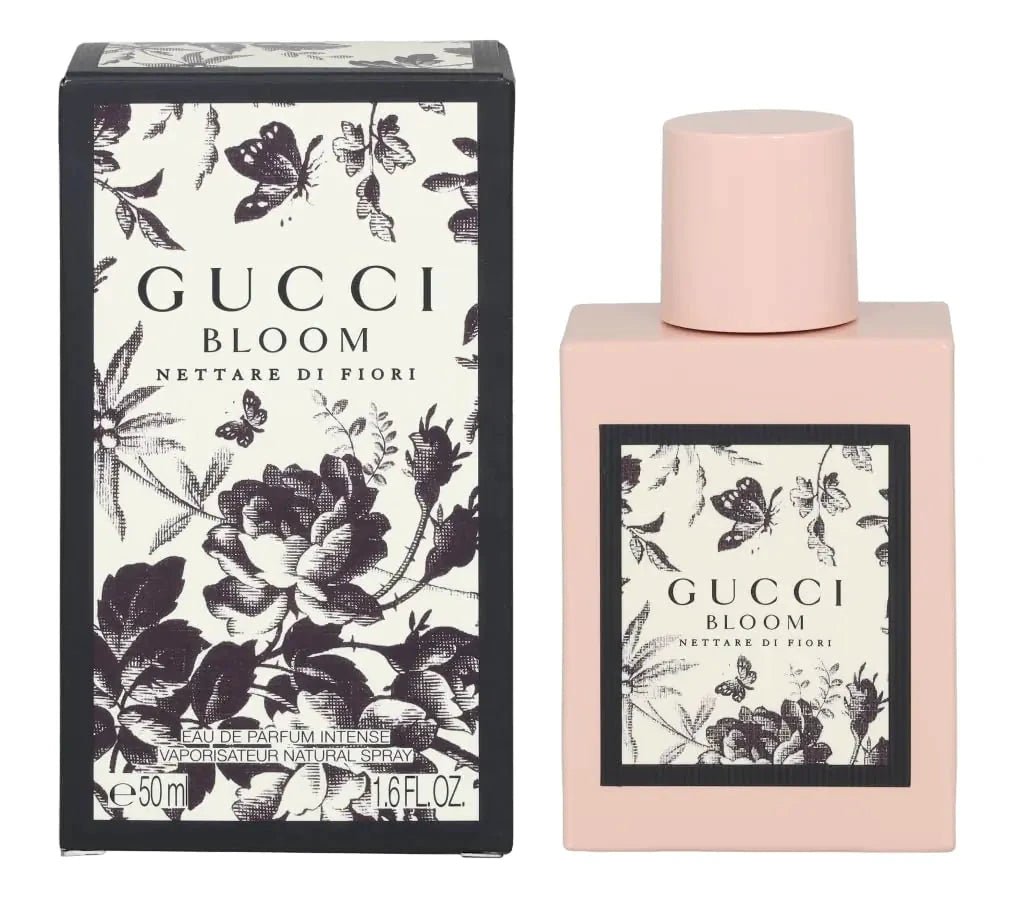 Gucci Bloom Nettare Women's Intense Eau de Parfum 1.7 oz bottle with floral design and elegant cap, displayed on a white background.