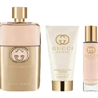 Gucci Guilty 3-piece gift set for women including 3 oz Eau de Parfum spray, 1.6 oz body lotion, and 0.5 oz travel spray.