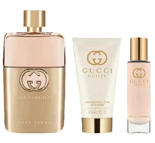 Gucci Guilty 3-piece gift set for women including 3 oz Eau de Parfum spray, 1.6 oz body lotion, and 0.5 oz travel spray.