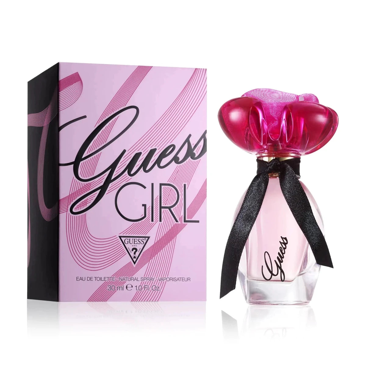 GUESS Girl Essence Eau de Toilette 1.0 oz bottle by MANDOTOS INTERNATIONAL, featuring a sleek design and fragrance details.