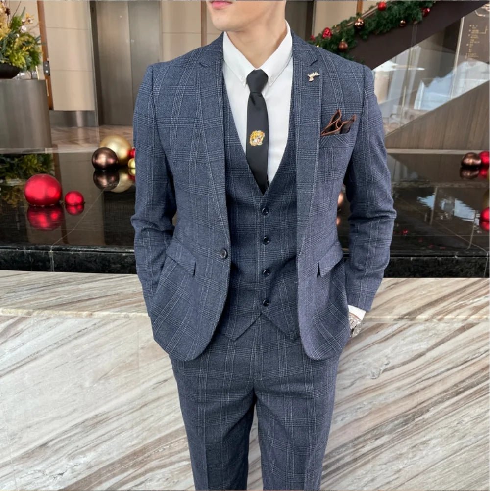 High-quality British Korean style plaid men's 3-piece business casual suit set by MANDOTOS INTERNATIONAL, featuring a jacket, vest, and trousers.