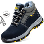 Mandotos men's winter work boots with steel toe cap, puncture-proof sole, plush lining, and safety features for cold weather.