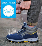 Mandotos men's winter safety boots with steel toe cap, puncture-proof sole, plush lining, ideal for work and cold weather.