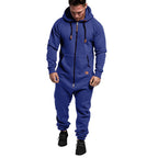 Mandotos International men's hooded fleece jumpsuit in solid color, casual and in-stock for comfortable wear.
