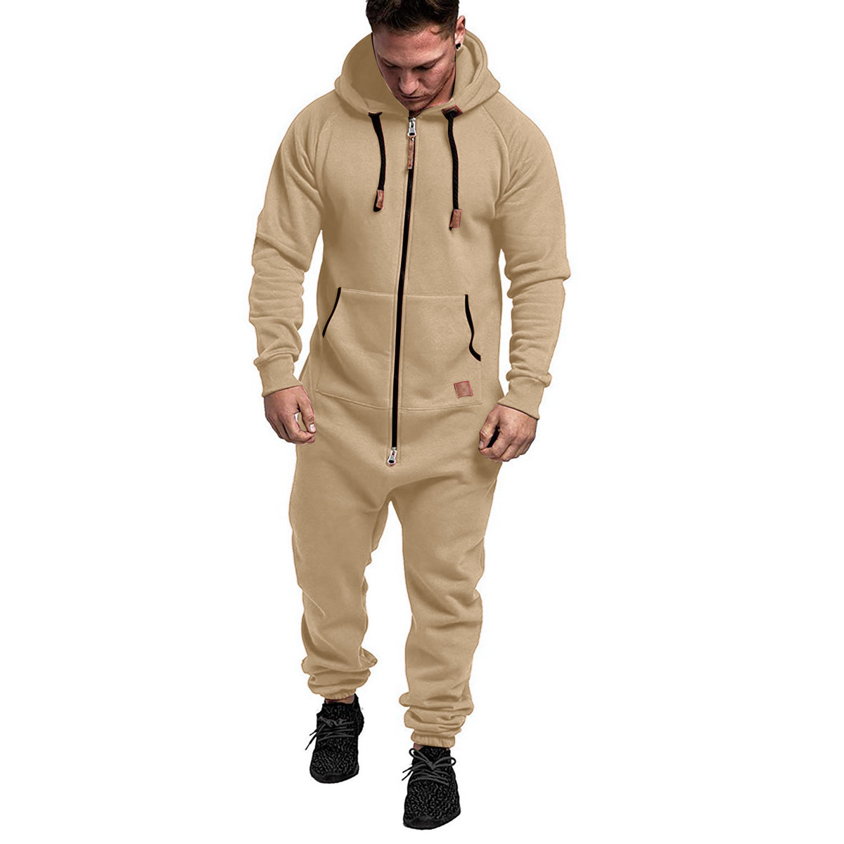 Mandotos International men's hooded fleece jumpsuit in solid color, casual and in-stock, suitable for everyday wear.