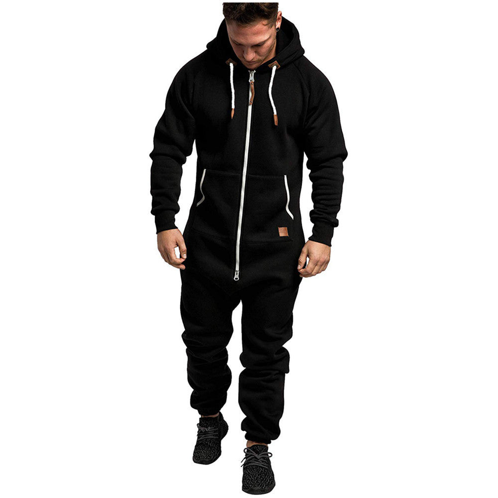 Mandotos International men's hooded fleece jumpsuit in solid color, casual and in-stock for comfortable everyday wear.