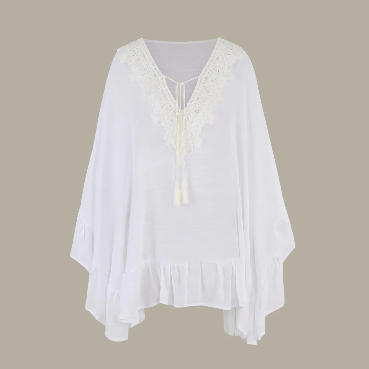 Mandotos International JSN9202262 2024 lace bikini cover-up blouse with V-neck, solid color, high-quality fabric for girls.