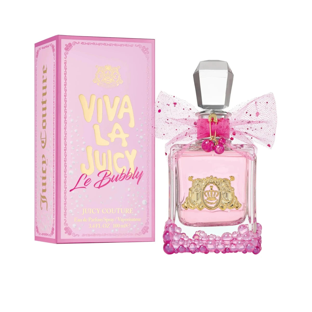 Juicy Couture Viva La Juicy Le Bubbly Eau De Parfum bottle featuring pink berries, gardenia, jasmine, and amber notes.