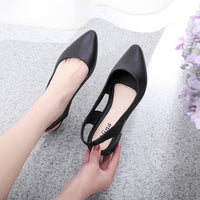 Korean style mid-low heel jelly sandals for women by MANDOTOS INTERNATIONAL, featuring clear straps and a comfortable design