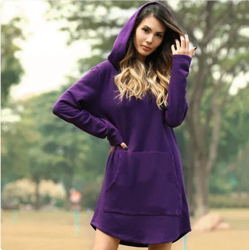 Ladies' hoodie dress with pockets by MANDOTOS INTERNATIONAL, shown in a casual fit with a hood and front pocket design.