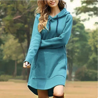 Ladies' hoodie dress with pockets by MANDOTOS INTERNATIONAL, featuring a comfortable fit and casual style.