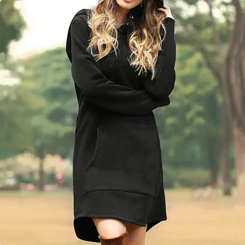 Mandotos International ladies' hoodie dress with front pockets, casual long-sleeve knitwear, comfortable and stylish for everyday wear.