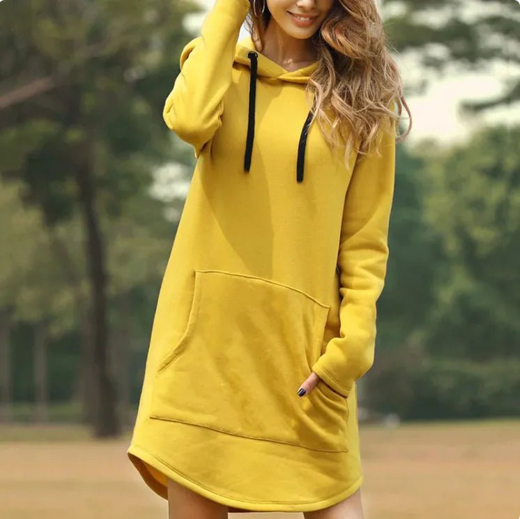 Mandotos International ladies' hoodie dress with front pockets, casual fit, soft fabric, and long sleeves, perfect for everyday wear.