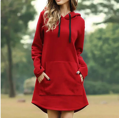 Ladies' hoodie dress with pockets by MANDOTOS INTERNATIONAL, featuring a casual fit and front pocket design.