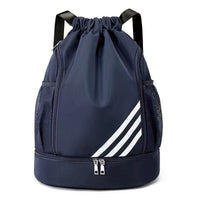 Large capacity basketball backpack with drawstring pocket by MANDOTOS INTERNATIONAL, featuring multiple compartments and adjustable straps.