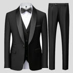Large size men's three-piece suit for autumn wedding party, slim fit style by MANDOTOS INTERNATIONAL, shown on a model.