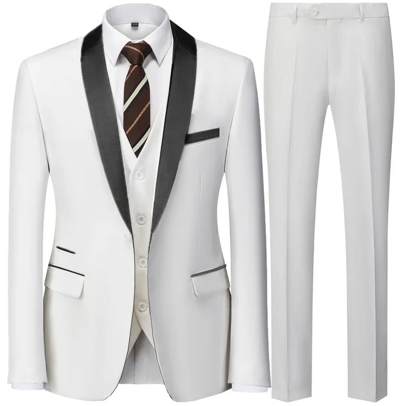 Large size men's three-piece suit from MANDOTOS INTERNATIONAL, slim fit style, suitable for autumn wedding parties.