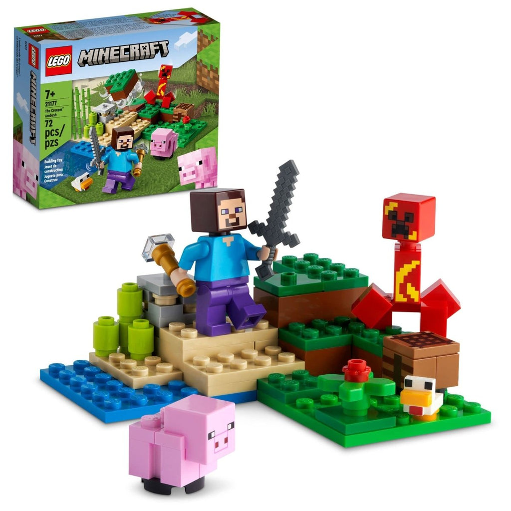 LEGO Minecraft Creeper Clash Set 21177 with Steve and animal friends, featuring LEGO minifigures and Minecraft-themed accessories.