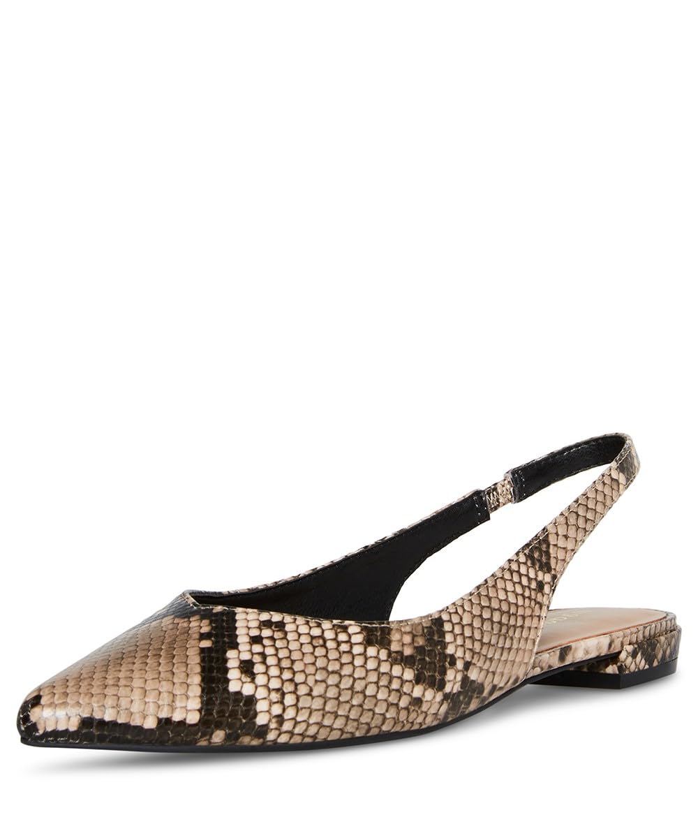Madden Girl Delaneyy snake-print sling-back flat shoes in multi-color, with pointed toe and ankle strap for stylish comfort.