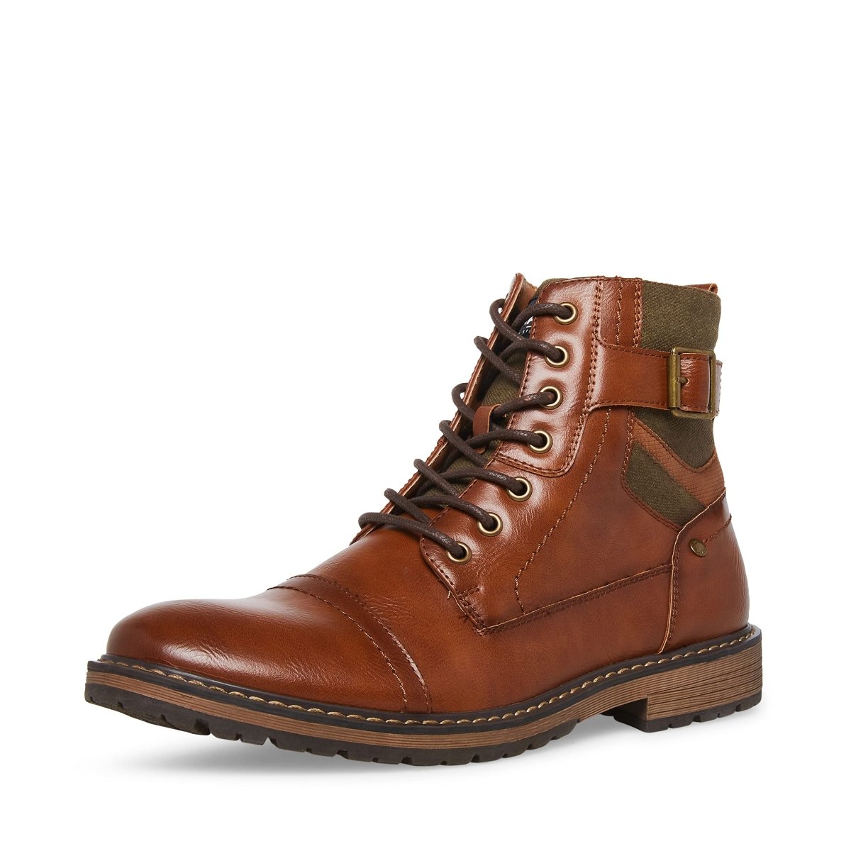 Madden Men's Titan Cap Toe Combat Boots by Mandotos International, black leather with sturdy sole, laced design for durable military style.