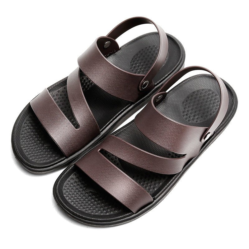 Men's Coastal Walk Sandals by MANDOTOS INTERNATIONAL with tan leather straps and rubber soles, ideal for casual summer wear.