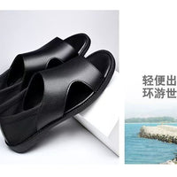 Men's non-slip soft-soled beach sandals in beige for summer by MANDOTOS INTERNATIONAL, shown on a sandy beach.