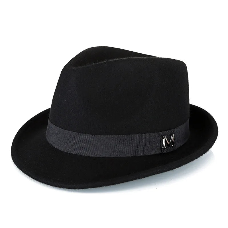 Men's winter felt fedora hat by MANDOTOS INTERNATIONAL, warm wool jazz cap with narrow brim, classic Homburg style for men.