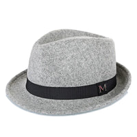 Men's winter felt fedora hat by MANDOTOS INTERNATIONAL, thick warm wool jazz cap with narrow brim and classic Homburg style.