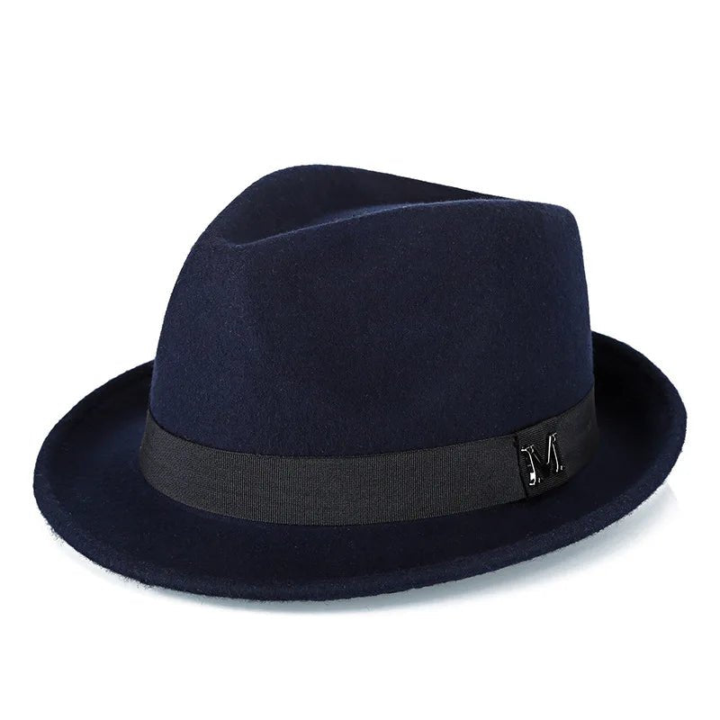 Men's winter felt fedora hat by MANDOTOS INTERNATIONAL, thick warm wool jazz cap with narrow brim and classic Homburg style