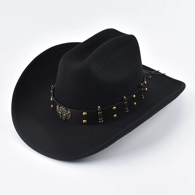 Mandotos International men's and women's western cowboy hat with leather, vintage big-edge design, suitable for cowgirl and church attire.