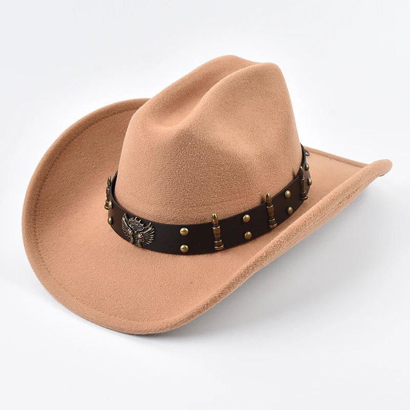 Mandotos International men's and women's western cowboy hat with leather, vintage style, big-edge brim, and cloche design.