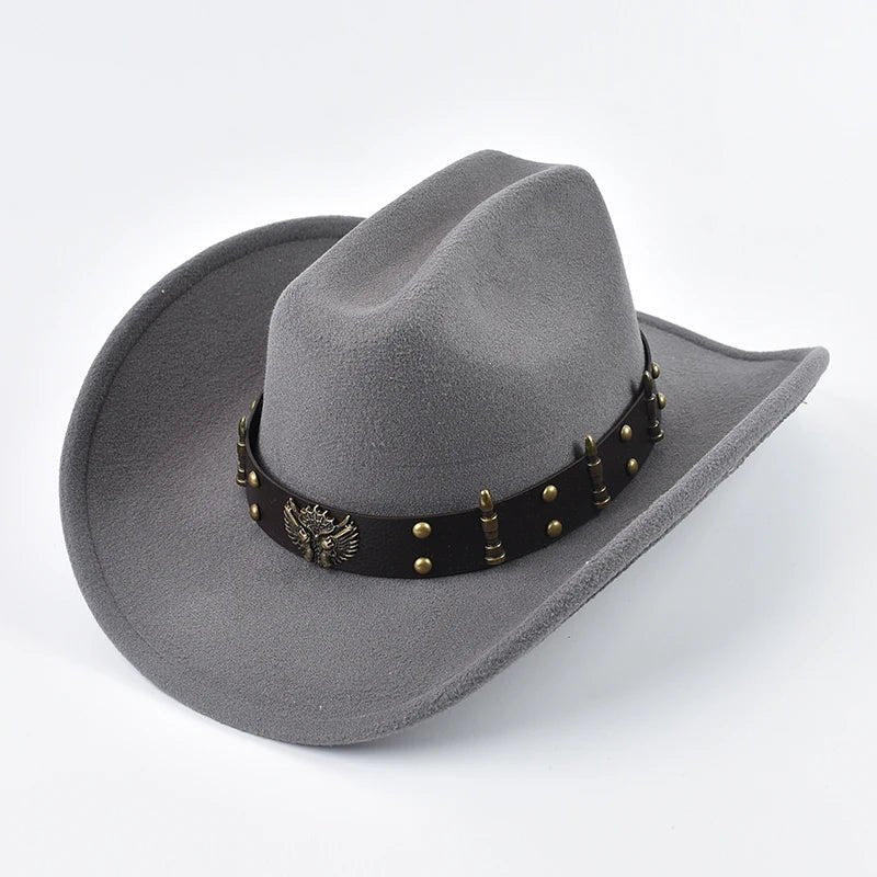 Mandotos International cowboy hat for men and women featuring leather, vintage style, big-edge brim, western cowgirl, and cloche design.