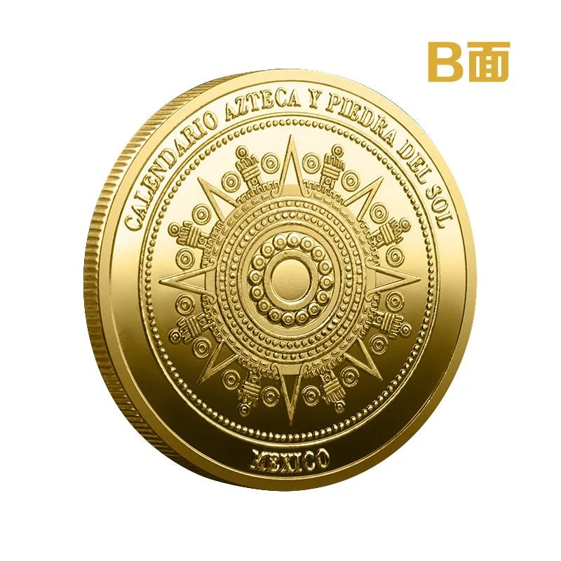 Mexican Maya Calendar and Aztec Commemorative Coins Set by MANDOTOS INTERNATIONAL showing detailed coins and colorful calendar design.