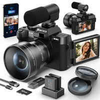 Mandotos International Monivista 5K Ultra HD vlogging camera with dual lenses, compact design, and adjustable angles.